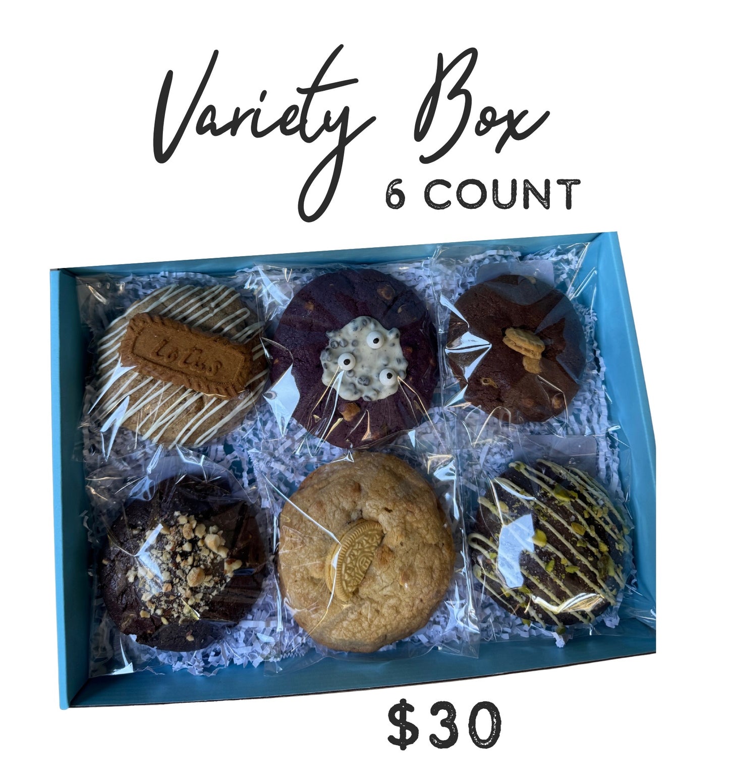 Box of assorted cookies labeled 'Variety Box 6 Count' with a price tag of $30.