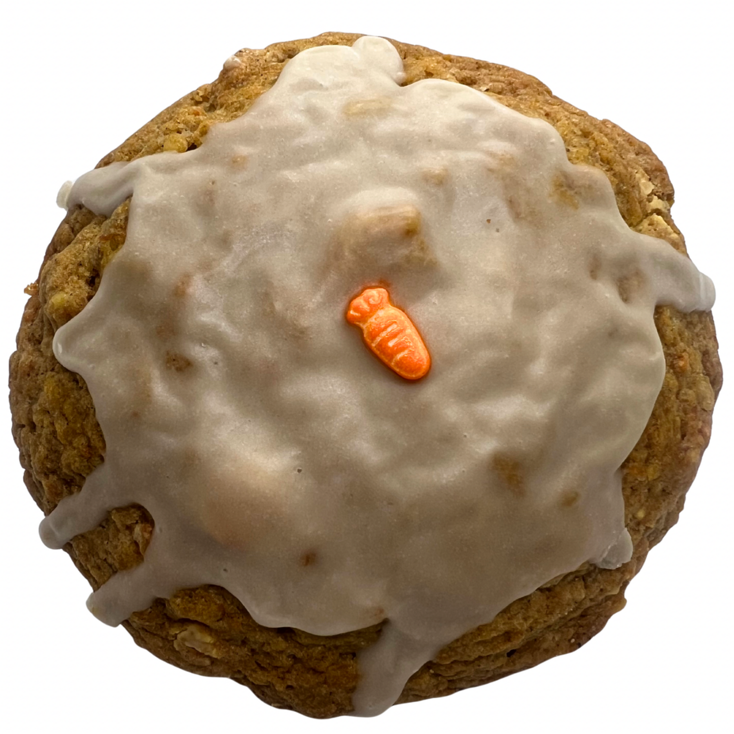 Carrot cake chip cookie with white icing and a small orange carrot decoration on a white background.