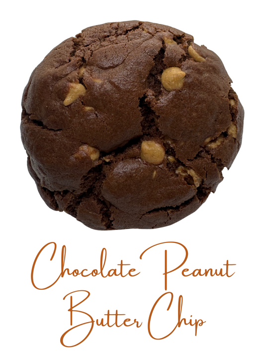 Shows a chocolate peanut butter chip cookie on a white background. Below the cookie it shows the name in brown cursive text.