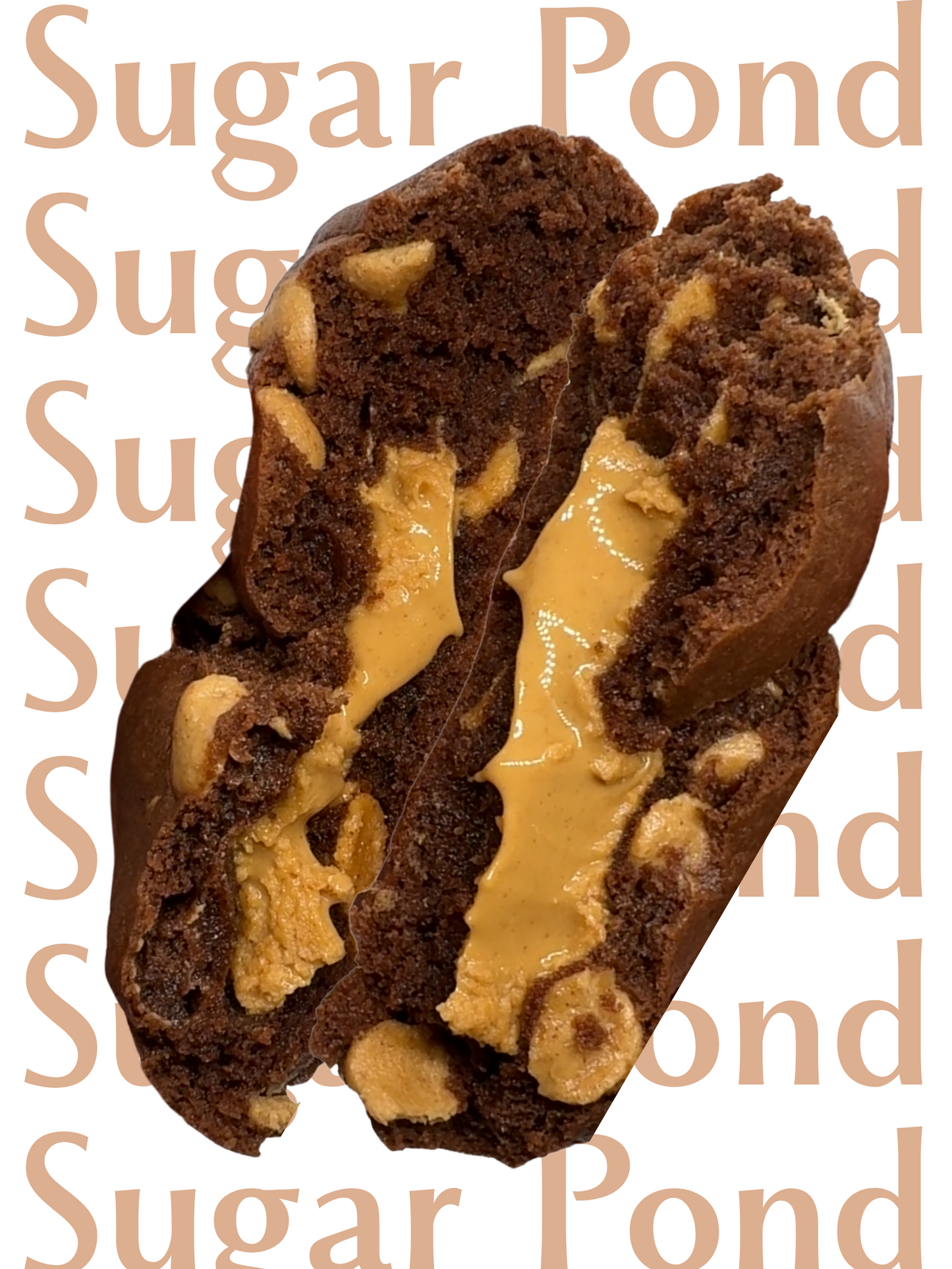 Shows the inside of the chocolate peanut butter chip cookie with peanut butter filling and peanut butter chips throughout. "Sugar Pond" text shows in the background in light brown.