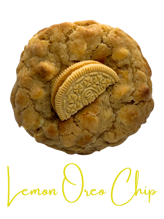 Picture of the Lemon Oreo Chip cookie. Fresh lemon flavor with white chocolate chips and chunks of lemon oreo cookie throughout. Text shows below the cookie -  "Lemon Oreo Chip".