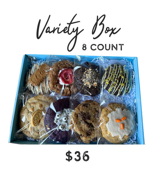 Box of assorted cookies labeled 'Variety Box 8 Count' with a price tag of $36.